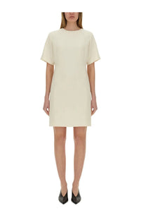 Theory women’s cream-colored minimalist a-line short dress with short sleeves and round neckline for casual wear