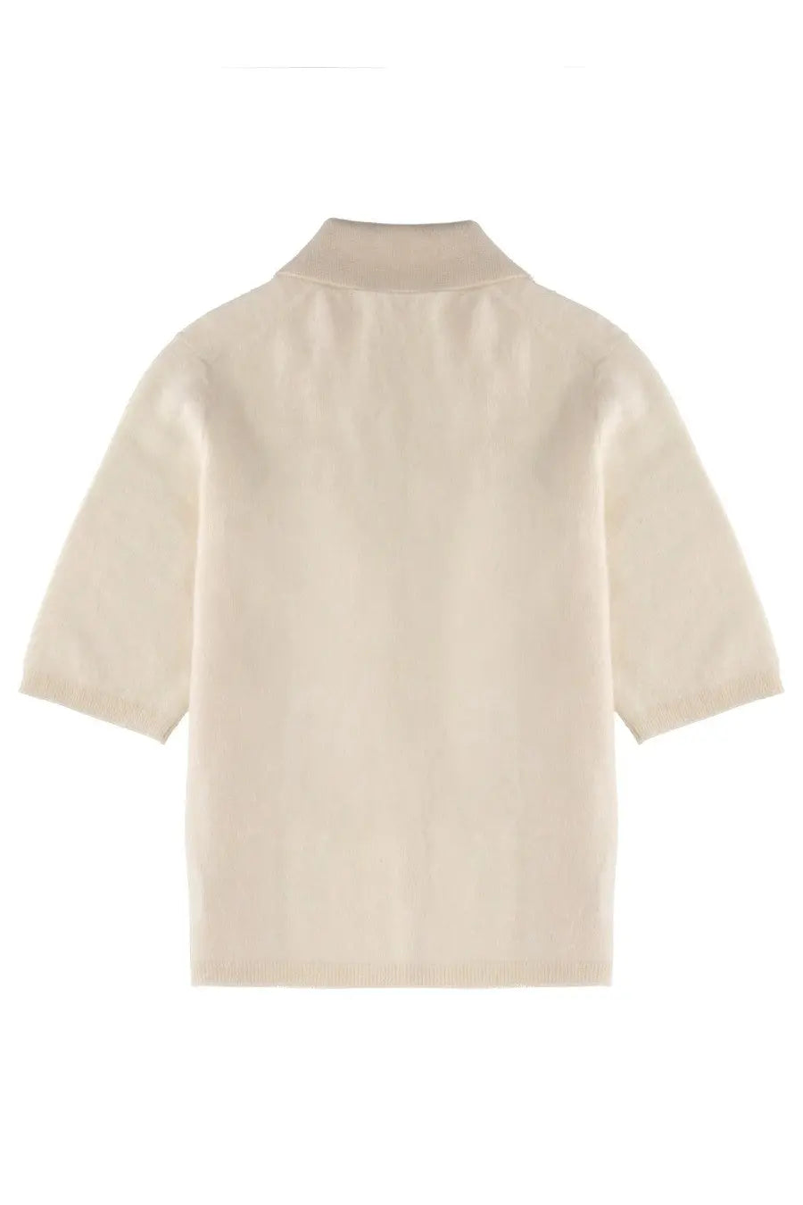 Theory women’s cashmere cream-colored short-sleeved knit polo shirt with ribbed collar and hem in white