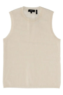 Theory women’s cashmere sleeveless knit vest in cream with ribbed crew neckline and hem perfect for layering