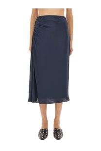 Theory women’s navy blue satin midi skirt with draped side seam and subtle pleats for elegant wear