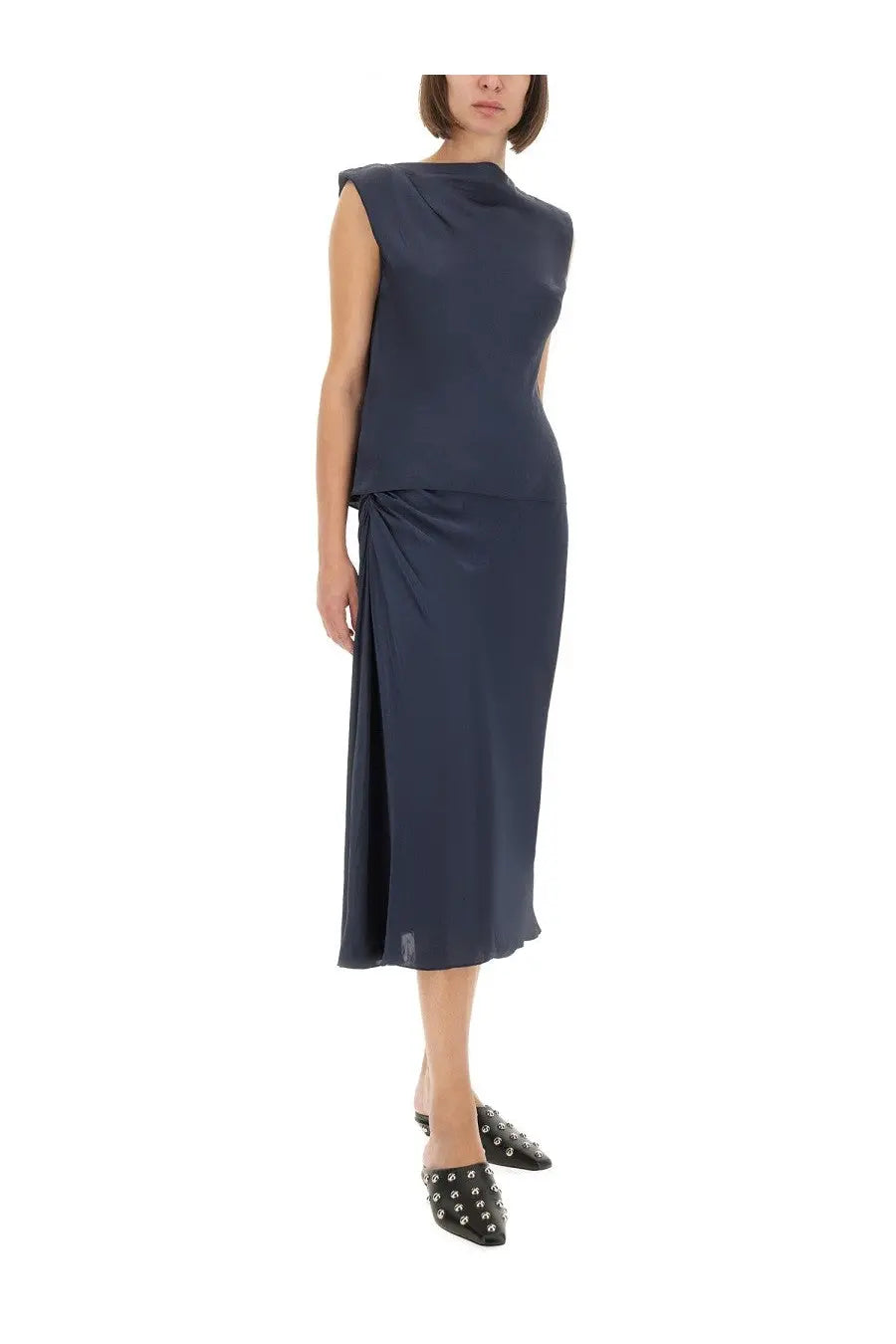 Theory women’s navy blue sleeveless satin midi dress with draped waistband and asymmetrical hemline