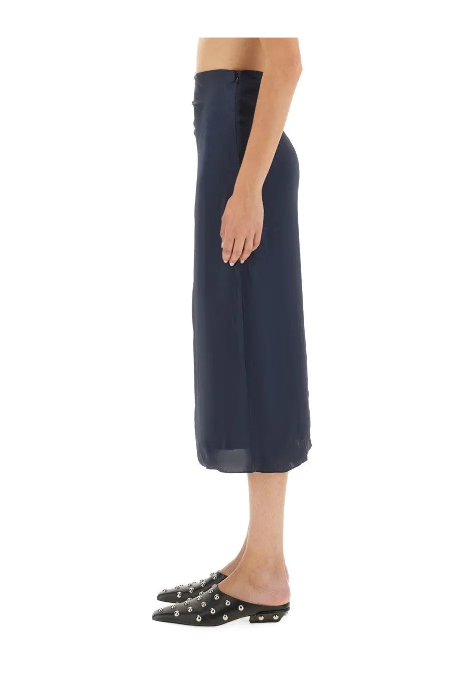 Theory women’s navy blue wide-leg midi skirt with subtle sheen and side zipper detail in draped fabric