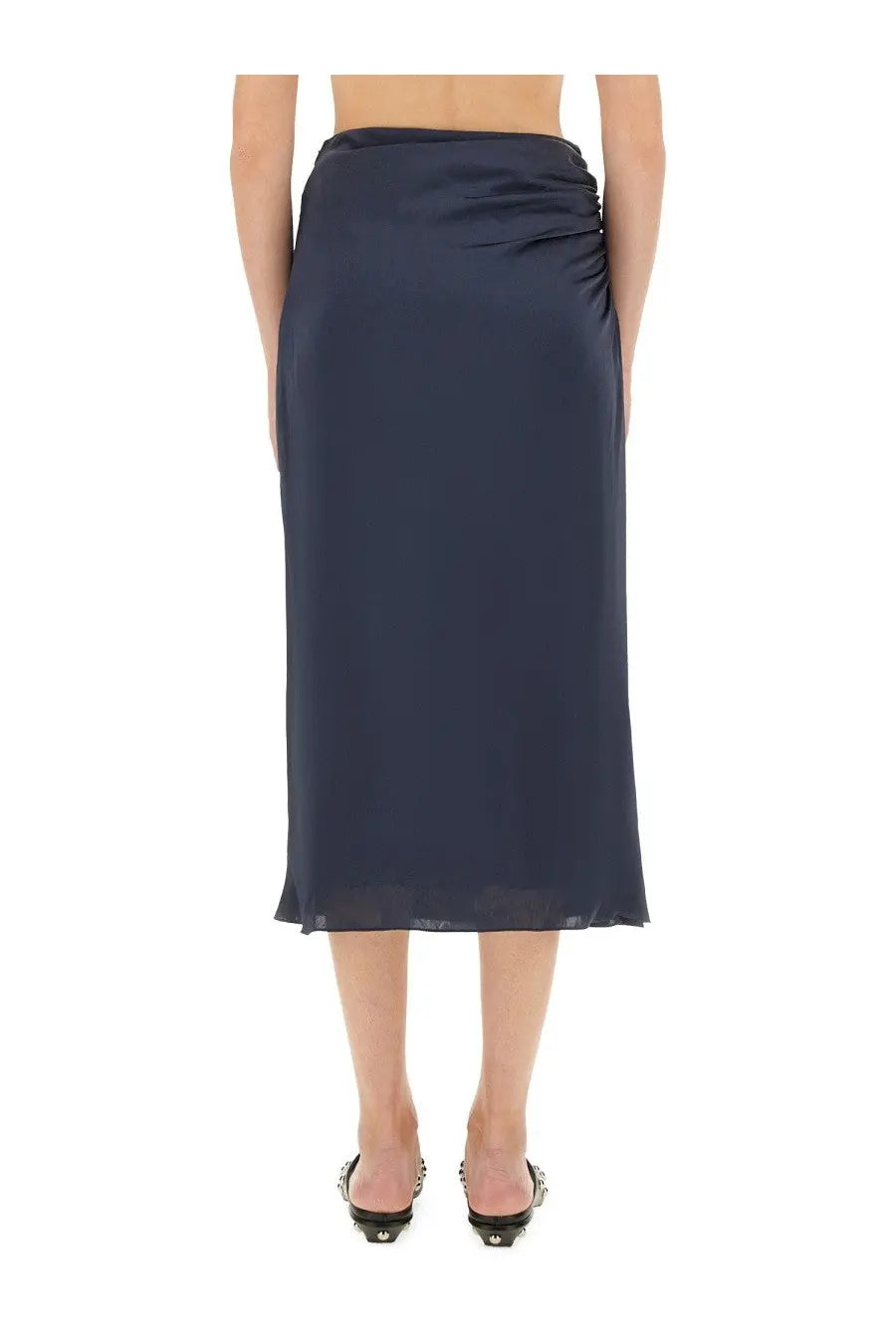 Theory women’s draped midi skirt in navy blue satin with a sleek gathered waistband for stylish wear