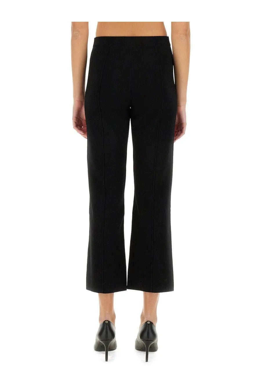 Theory women’s black flare pant in high-waisted cropped design with straight-leg cut and subtle vertical pleats