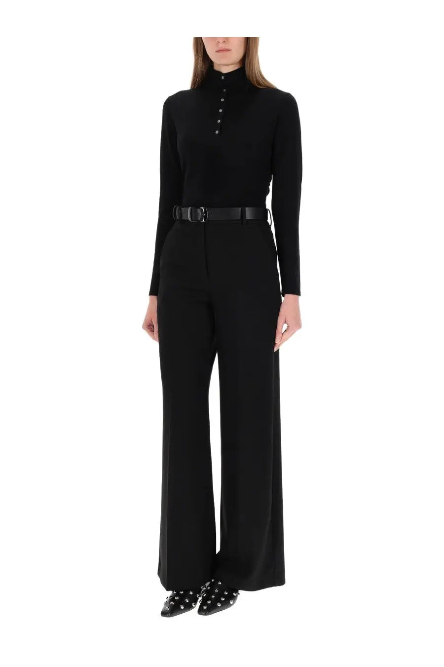 Theory women’s black jersey henley top with high neck, button-up front, long sleeves, and fitted silhouette