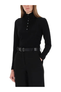 Theory women’s black jersey henley long-sleeve knit top with high neck and button detailing
