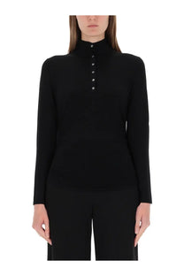 Theory women’s black jersey henley long-sleeved turtleneck top with silver buttons down the front