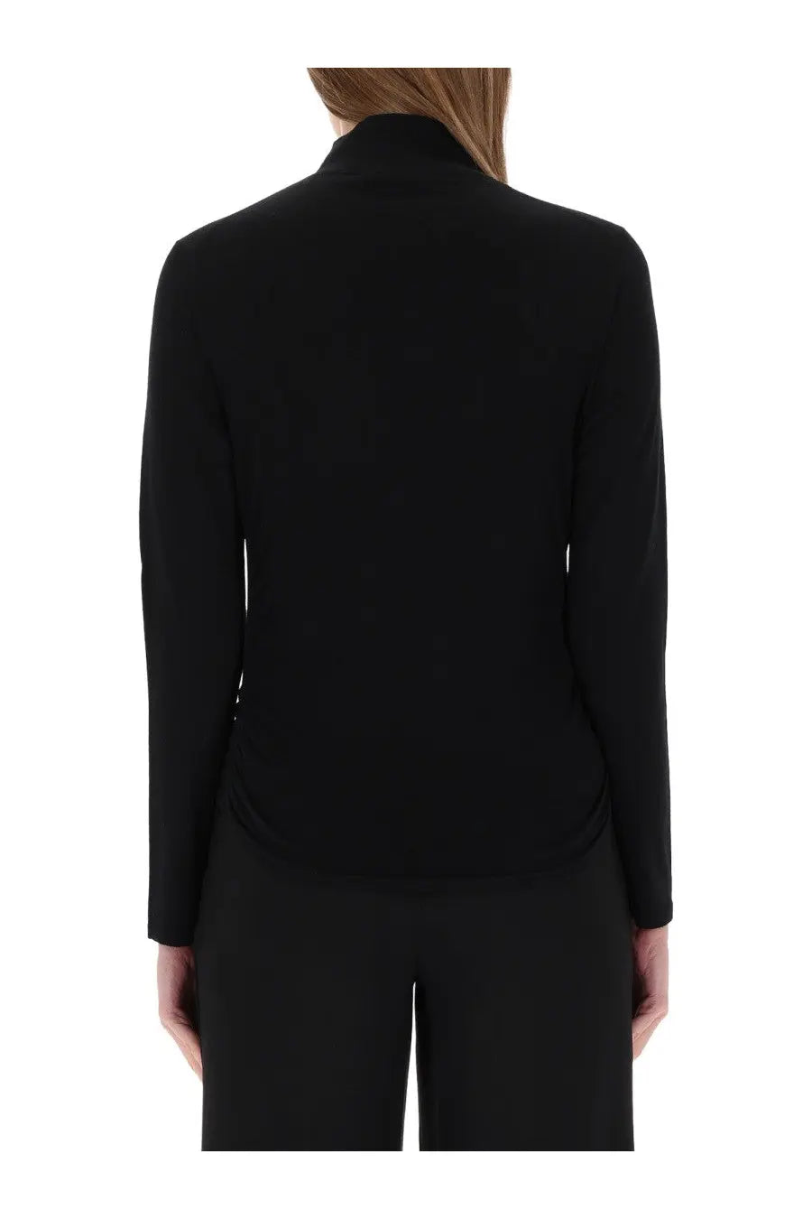 Theory women’s jersey henley black long-sleeved turtleneck top with sleek form-fitting silhouette in soft fabric