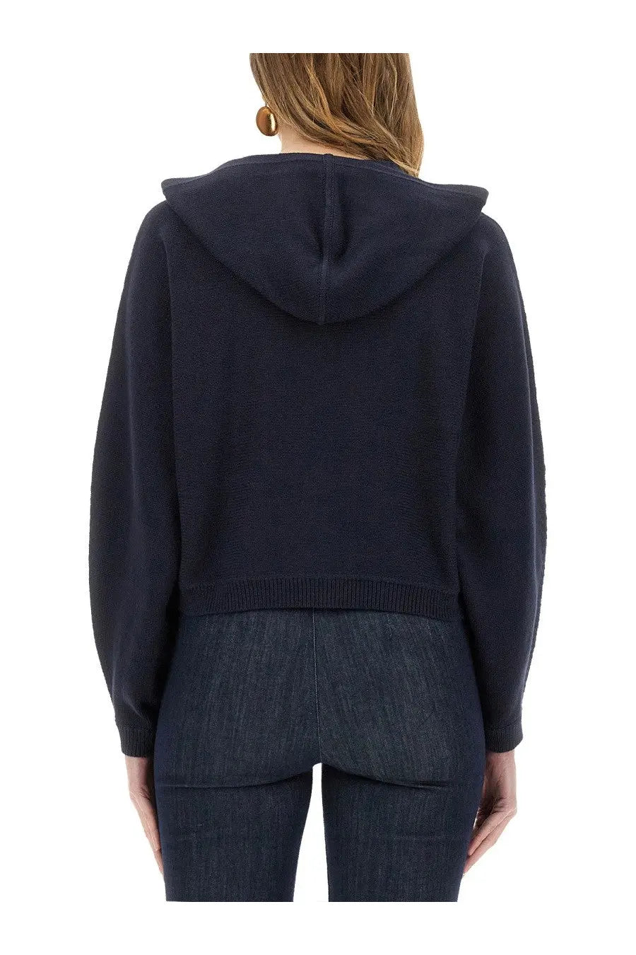 Theory women’s navy blue knit hooded sweatshirt made of soft knit fabric ideal for casual wear
