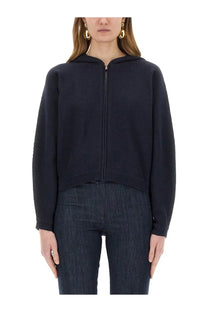 Theory women’s navy blue knit sweatshirt with zip-up hood made from soft knit fabric for casual wear