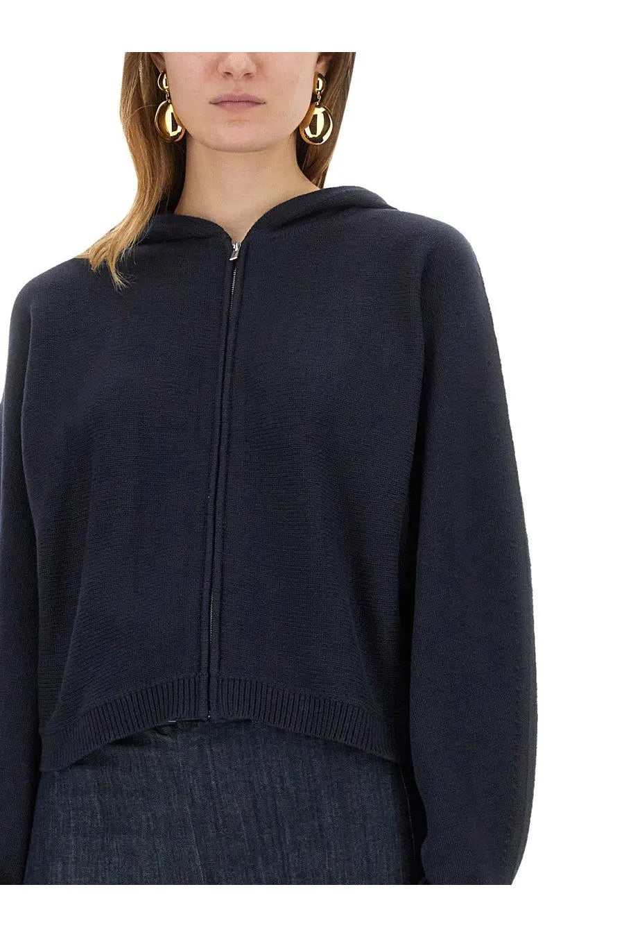 Theory women’s navy blue knit zip-up hoodie with ribbed cuffs and hem in soft sweatshirt material