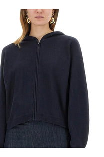 Theory women’s navy blue knit zip-up hoodie with ribbed cuffs and hem in soft sweatshirt material