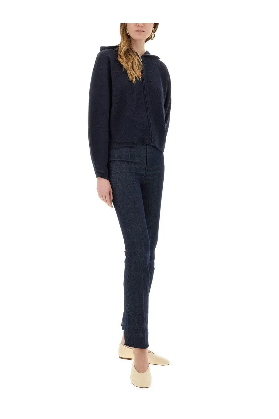 Theory women’s knit sweatshirt in navy blue with zip-up front and ribbed cuffs and hem