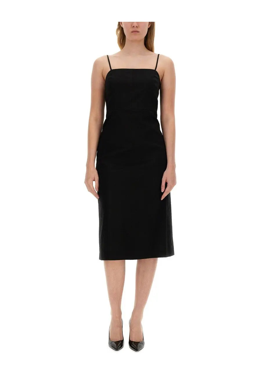 Theory women’s black sleeveless midi dress with thin spaghetti straps and straight hemline in lightweight fabric