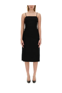 Theory women’s black midi dress with thin spaghetti straps and a straight-cut silhouette in sleeveless design