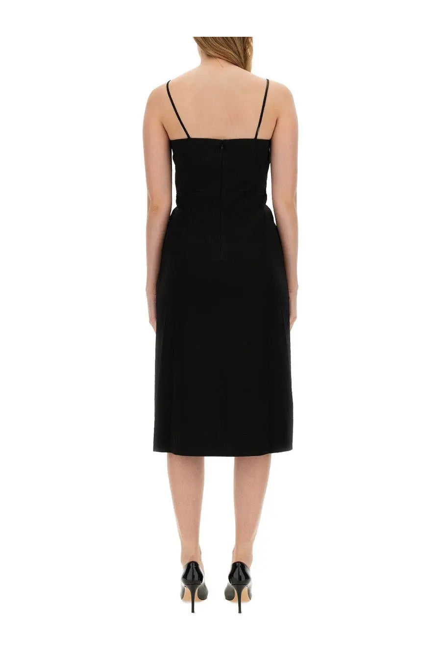 Theory women’s black sleeveless midi dress with thin spaghetti straps and a fitted bodice made from smooth fabric