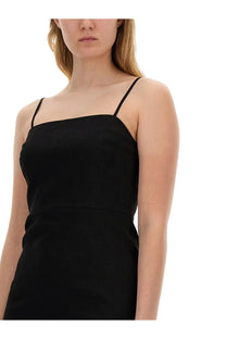 Theory women’s midi dress black with fitted silhouette and smooth matte fabric in black spaghetti strap style