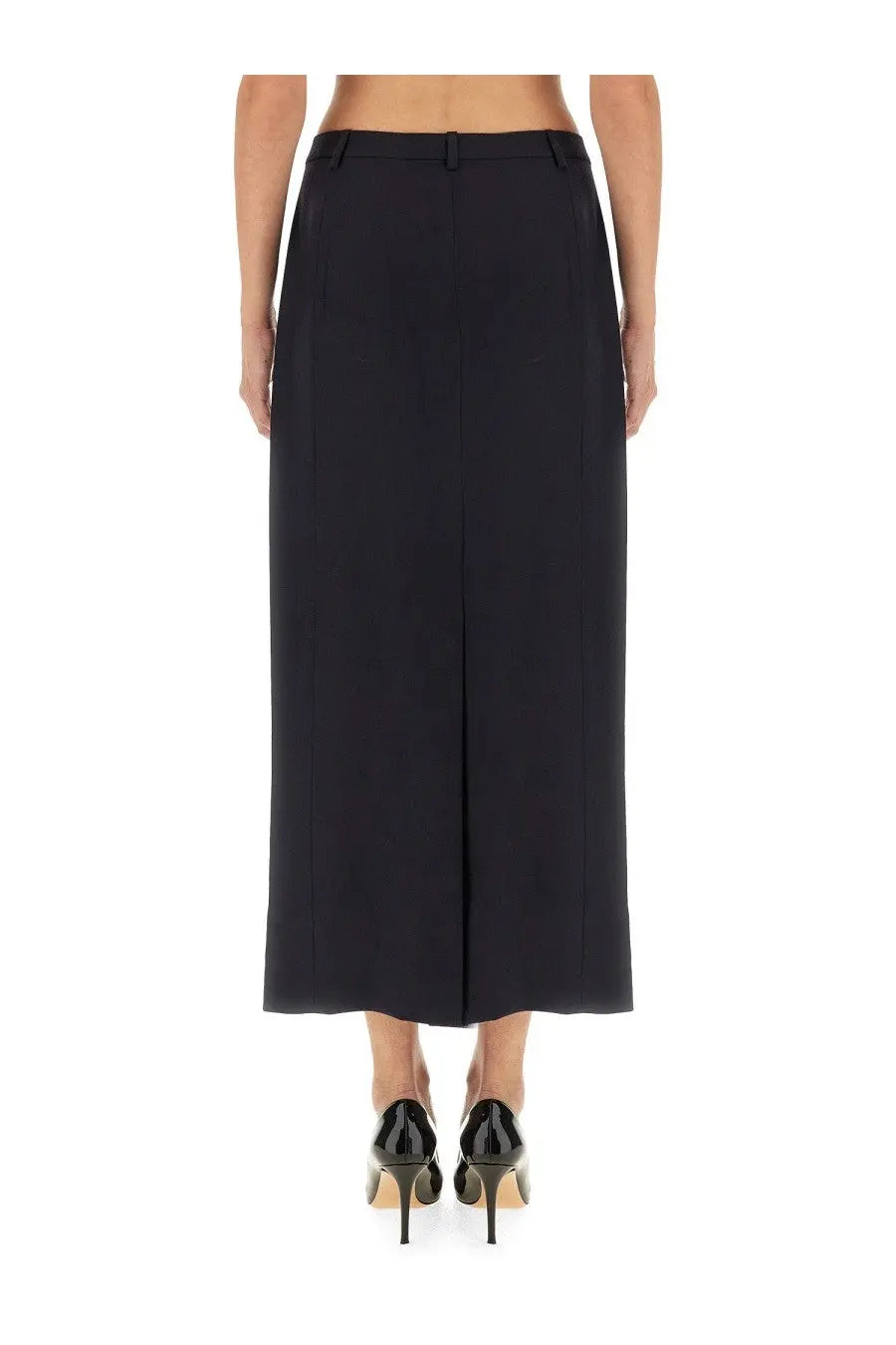 Black high-waisted wide-leg midi skirt with straight cut and center front slit from theory womenswear