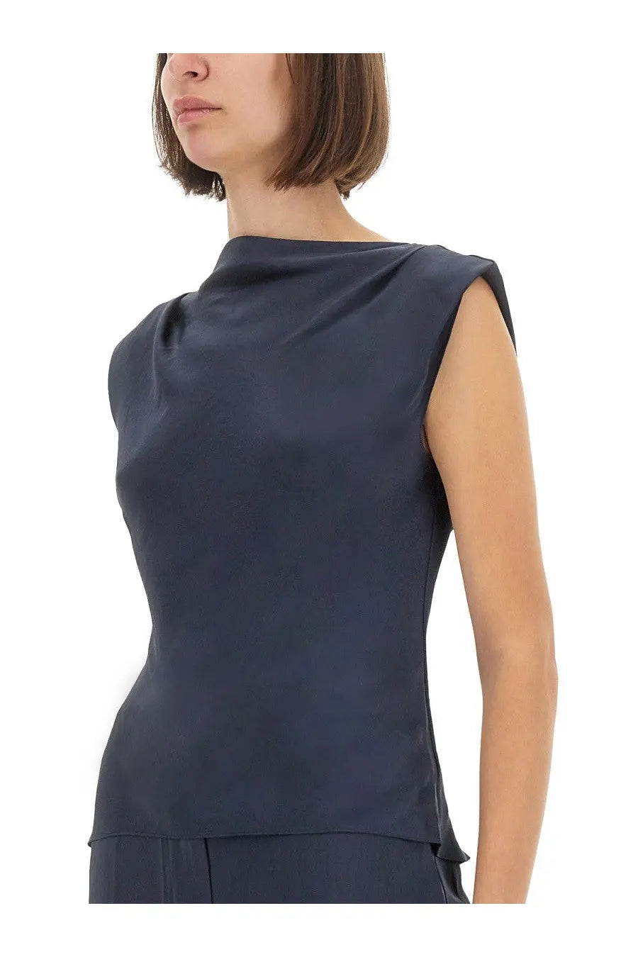 Theory women’s satin navy blue sleeveless top with draped high neckline and subtle ruching at the shoulder