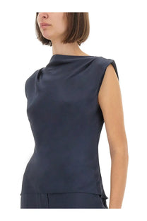 Theory women’s satin navy blue sleeveless top with draped high neckline and subtle ruching at the shoulder