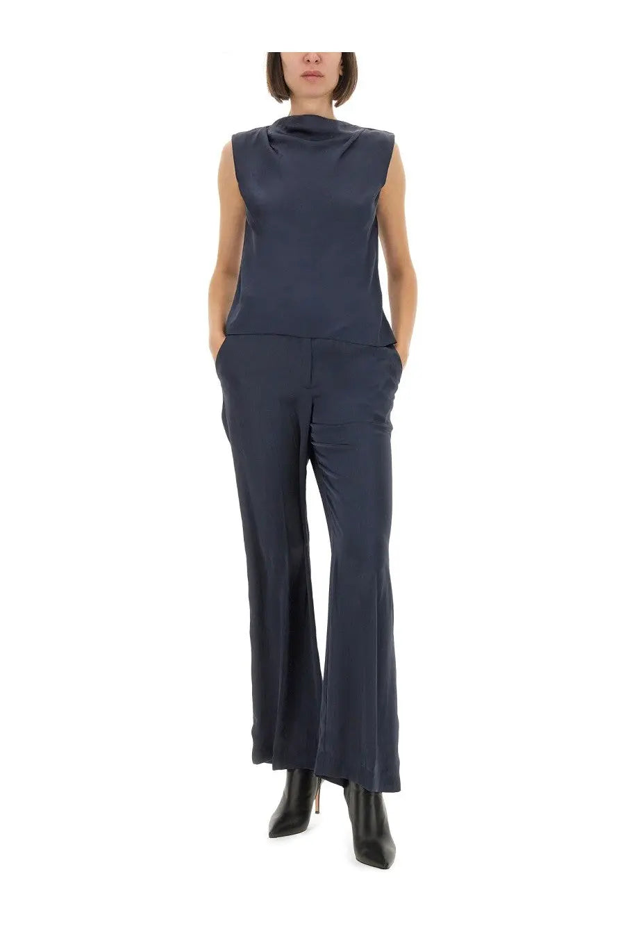 Theory women’s navy blue satin sleeveless top with draped neckline paired with matching wide-leg trousers
