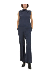 Theory women’s navy blue satin sleeveless top with draped neckline paired with matching wide-leg trousers