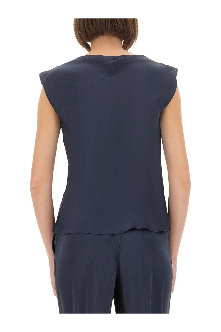 Theory women’s satin navy blue sleeveless top with soft flowing fabric and gently ruffled shoulder detail