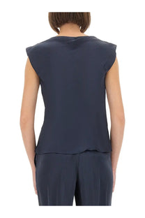 Theory women’s satin navy blue sleeveless top with soft flowing fabric and gently ruffled shoulder detail