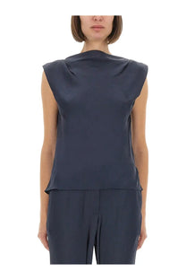 Theory women’s satin navy blue sleeveless top with draped neckline and subtle side pleats
