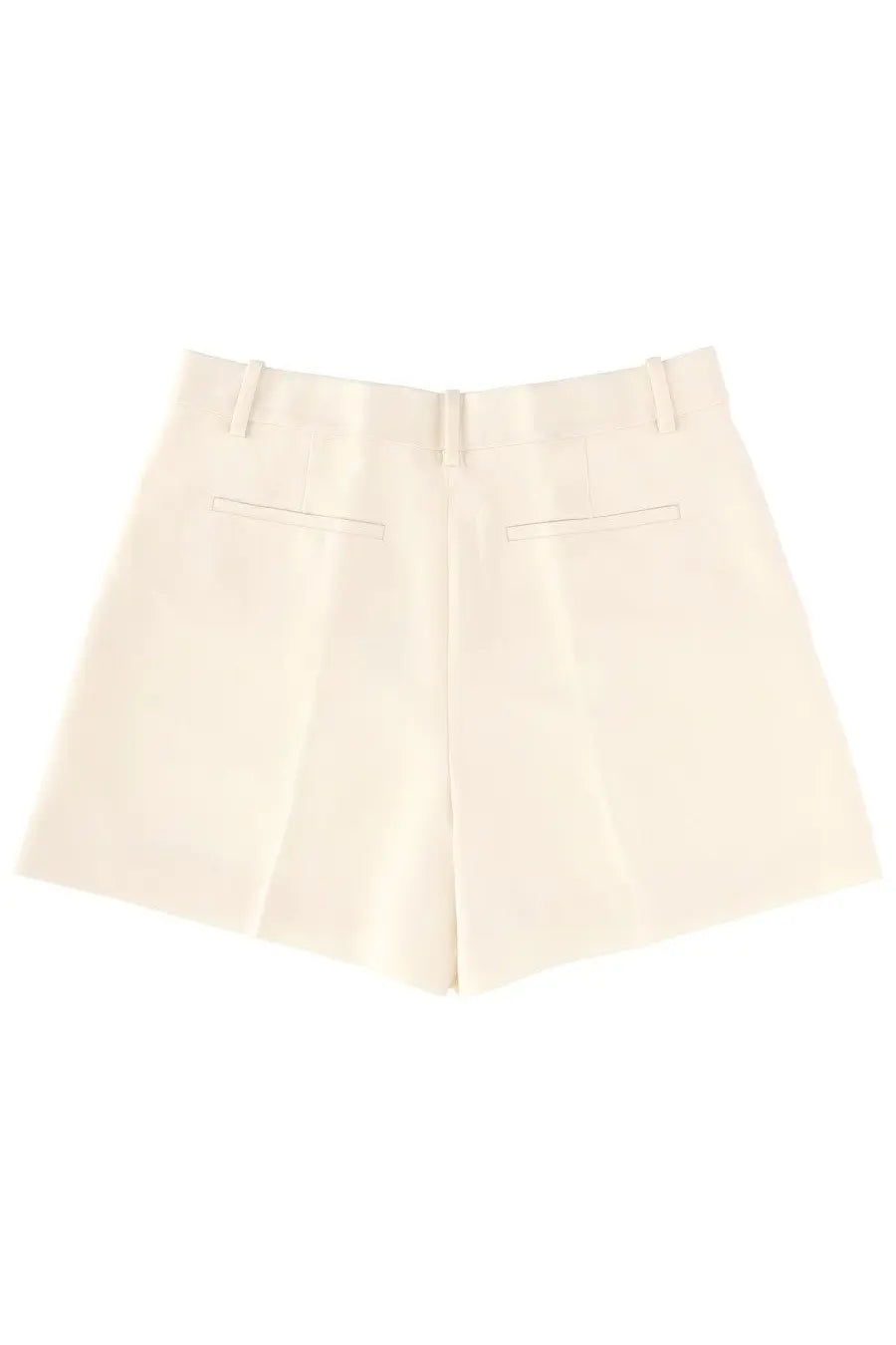 Theory women’s fluid white tailored shorts shown from the back with a cream color and subtle pleats