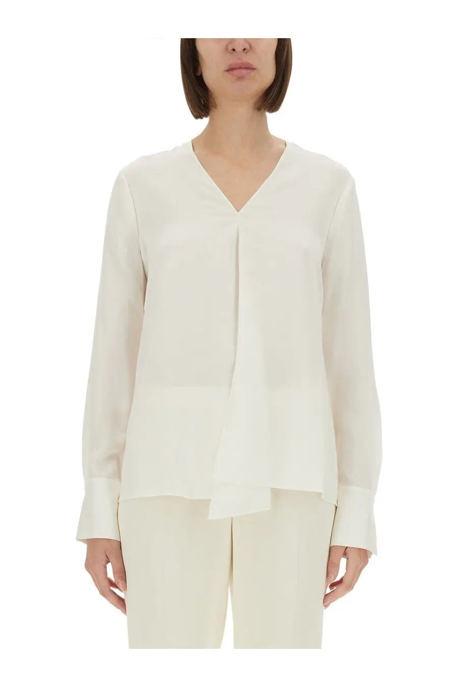 Theory women’s silk georgette blouse in soft off-white with a v-neckline and long sleeves