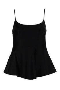 Theory women’s black satin camisole with thin spaghetti straps and a flared peplum hem