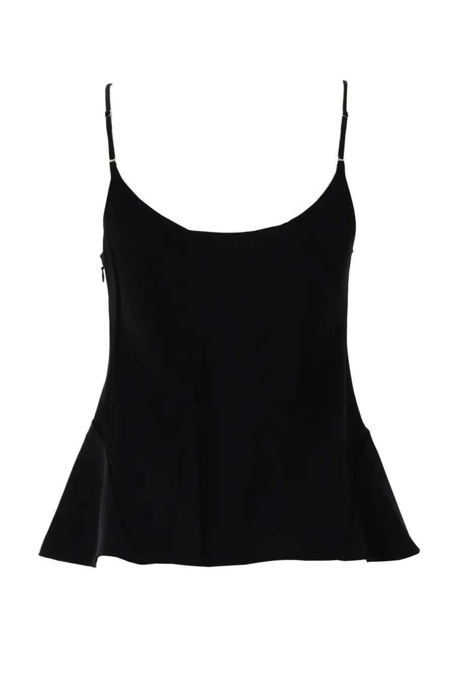 Theory women’s black satin camisole with thin spaghetti straps and flared hem ideal for layering or casual wear