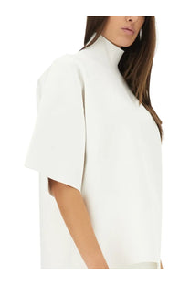 Theory women’s turtleneck top white minimalist blouse with high collar and short puffed sleeves in lightweight fabric