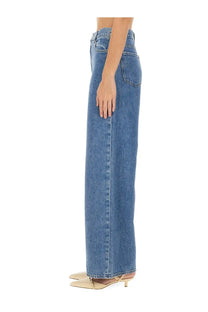 Theory women’s wide leg jeans blue high waisted medium blue wash denim with classic stitching and back pockets back view