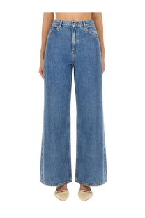 Theory women’s high-waisted blue denim wide-leg jeans with classic stitching and a relaxed fit