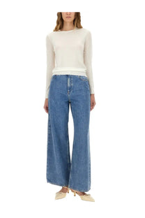 Theory women’s wide leg jeans in blue denim with a classic five-pocket design and slightly faded wash