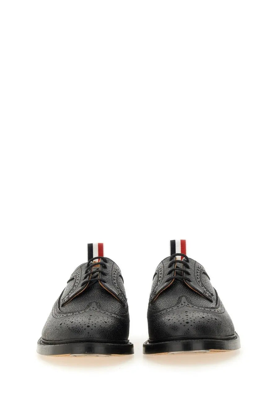 Thom browne men’s brogue classic longwing black leather oxford shoes with perforated detailing and striped laces