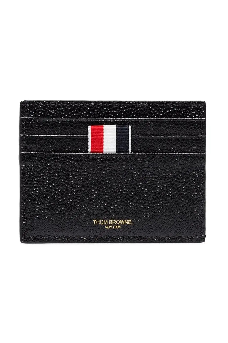 Thom Browne men’s black leather card holder with red white and black striped ribbon detail