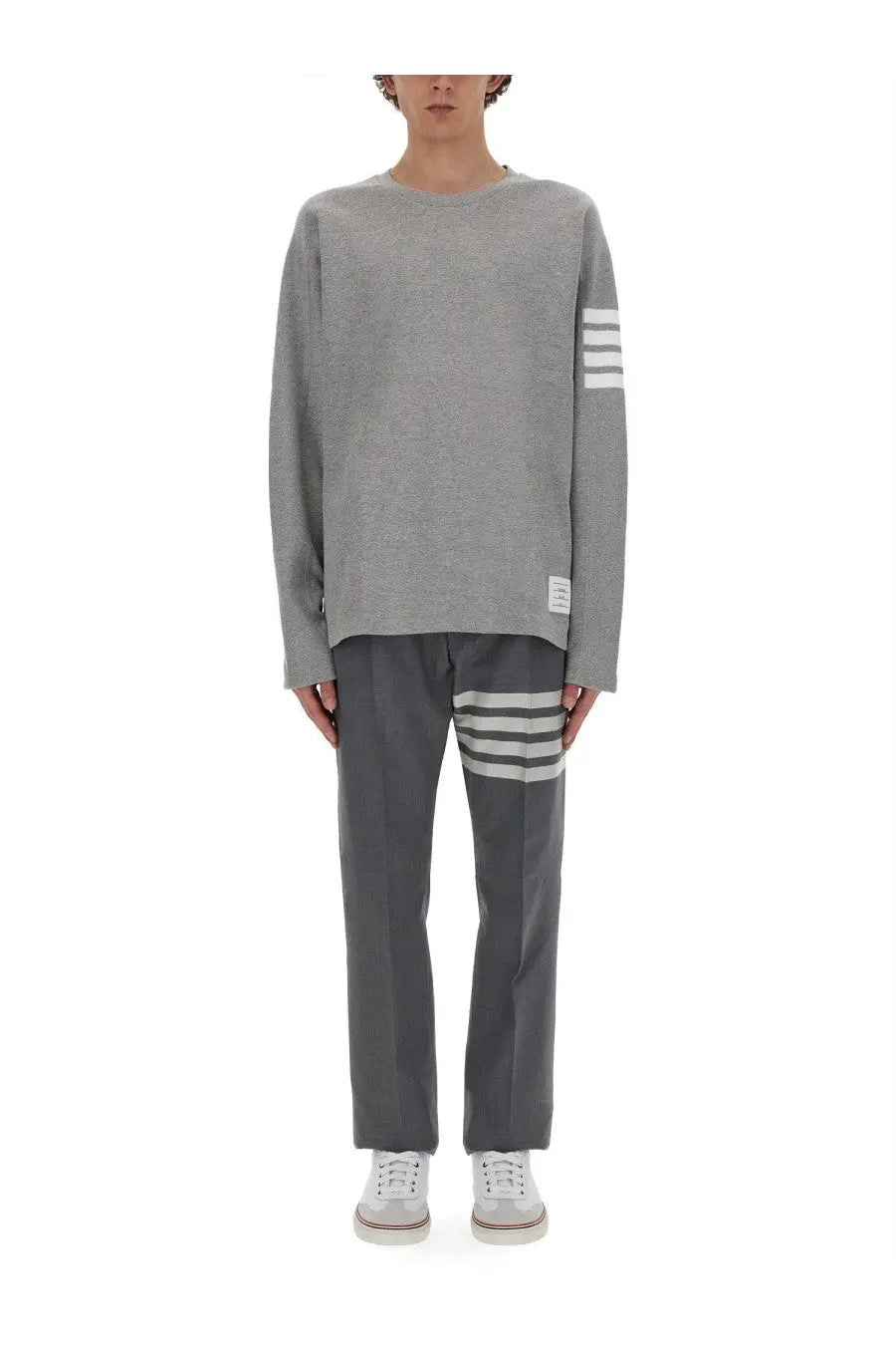 Thom Browne men’s classic gray sweatshirt and pants set with white three-stripe sleeve and leg detailing