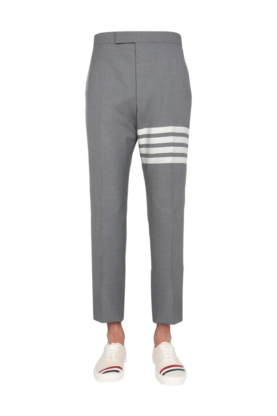 Thom Browne men’s classic gray tailored trousers with three bold white stripes on the lower leg in structured fabric