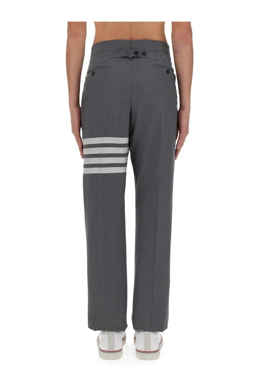 Thom Browne men’s classic gray trousers with three white stripes on lower leg in structured tailored fabric
