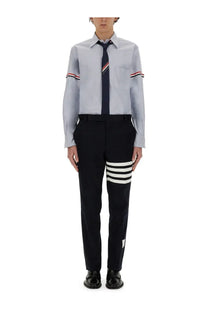 Thom Browne men’s classic light gray dress shirt with red white and navy striped long-sleeved cuffs