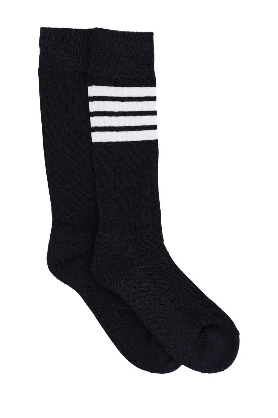 Thom browne men’s cotton socks black knee-high with three white horizontal stripes near the top