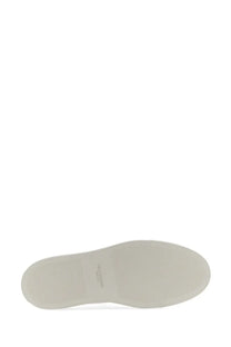 Thom browne men’s low top leather sneaker white with white rubber sole subtle texture and branding near the heel back view