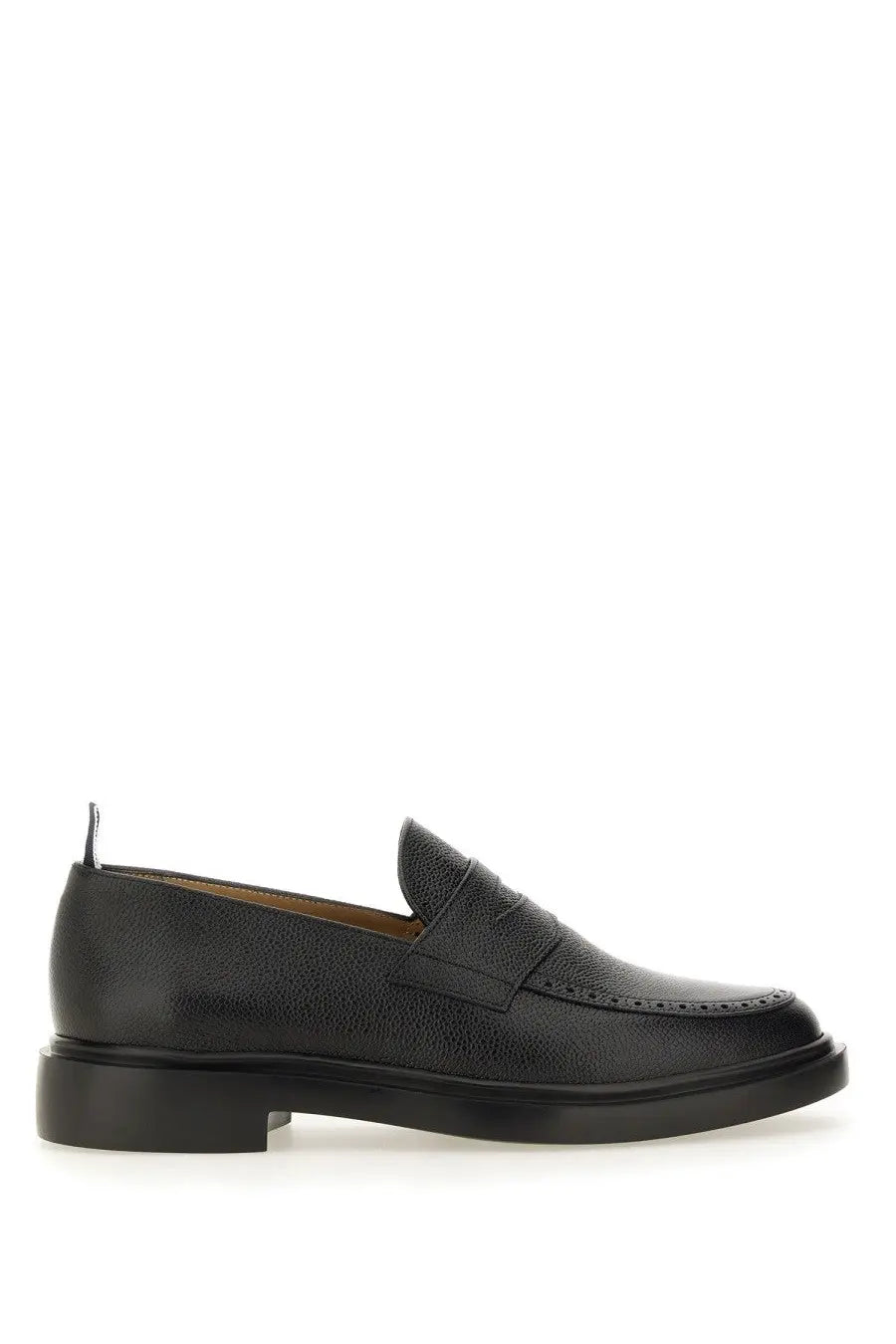 Thom Browne men’s moccasin penny black black leather loafer with textured surface and subtle brogue detailing on toe