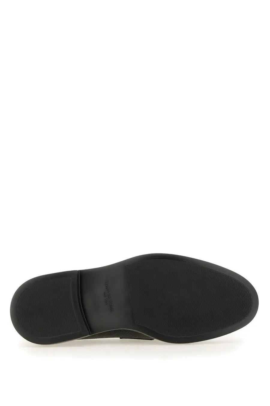 Thom browne men’s moccasin penny black black rubber sole with textured grip pattern and embossed brand logo near heel