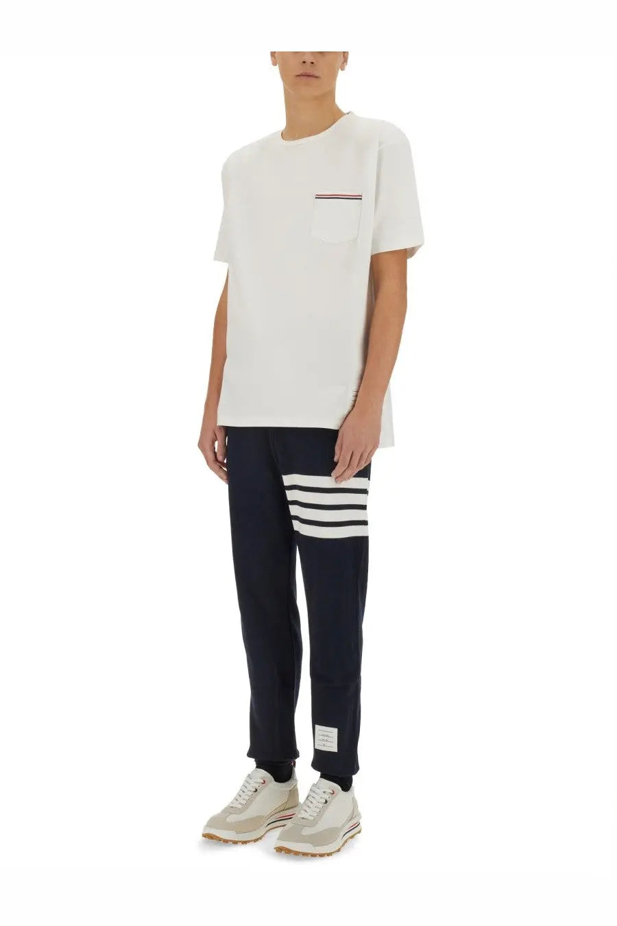Thom Browne men’s white cotton t-shirt with small chest pocket and red white blue striped trim