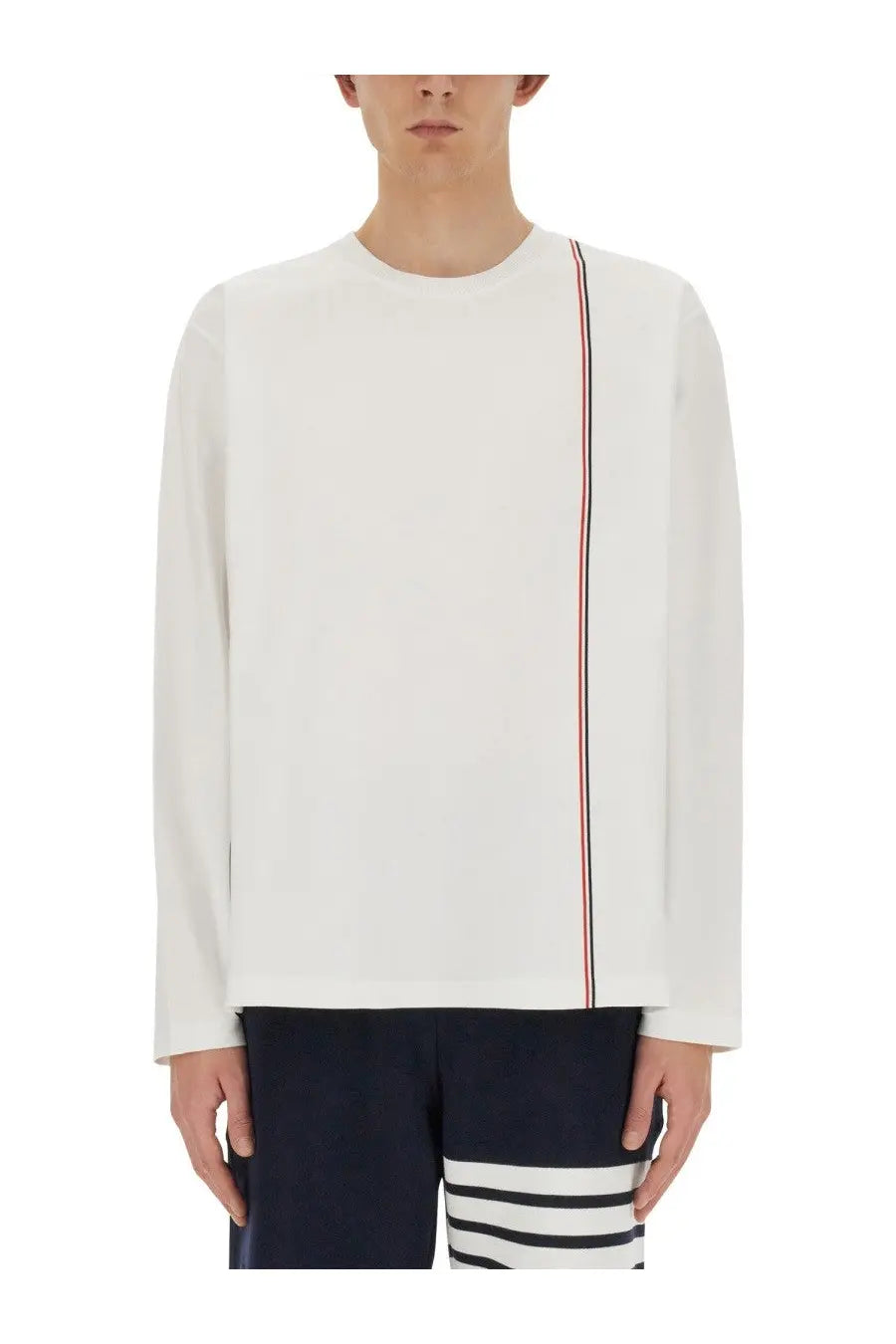 Thom Browne men’s white long-sleeved crewneck sweater with red white and blue vertical stripe detail on the side