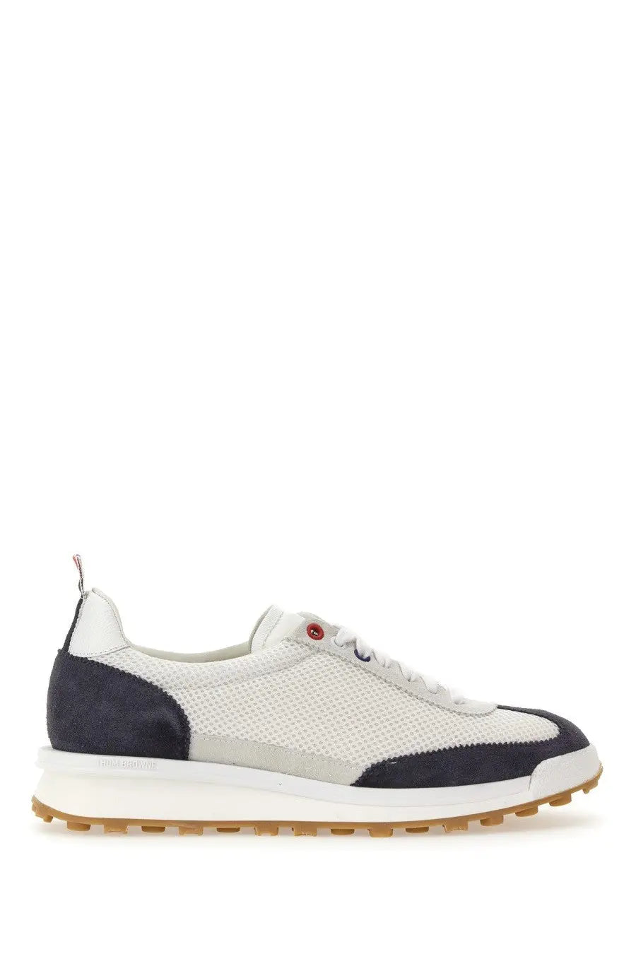 Thom Browne men’s sneaker tech runner blue in white and navy mesh with suede accents and red eyelet detail